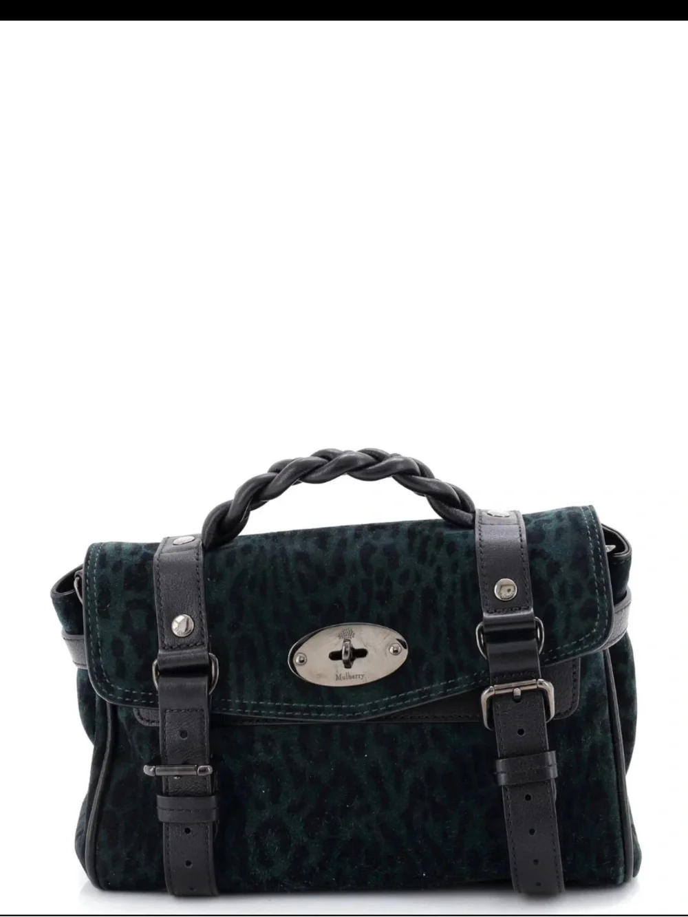Mulberry Dark Green Leopard-Print Satchel with Black Leather Trim